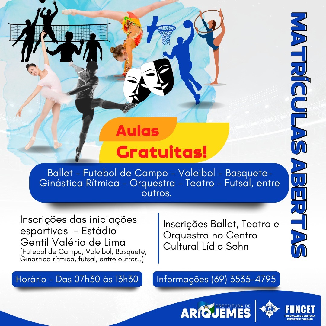 A Fundação de Cultura, Esporte e Turismo - FUNCET, abre inscrições para matrículas para novos alunos, em diversas modalidades esportivas, além de teatro e orquestra