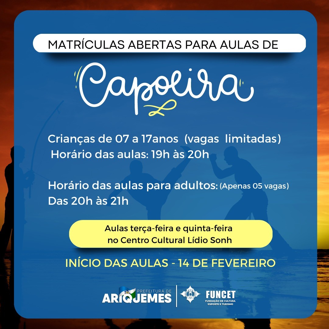 A Fundação de Cultura, Esporte e Turismo - FUNCET, abriu inscrições para matrículas de novos alunos, para aulas de capoeira
