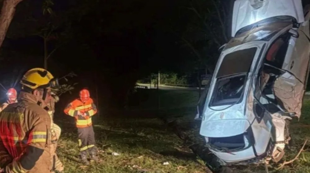 Carro fica 'em pé' ao bater em árvore após capotamento