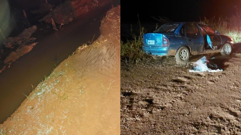 Mulher morre e marido fica ferido após carro capotar dentro de córrego em RO