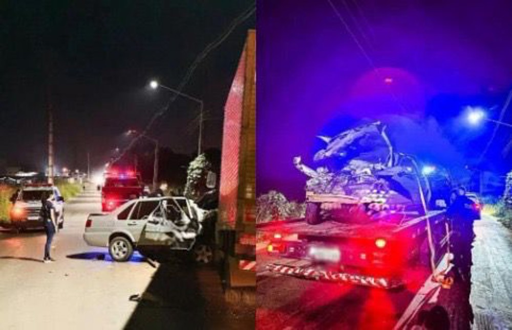 Carro tem frente destruída e motorista fica ferido após grave colisão com caminhão em Rondônia
