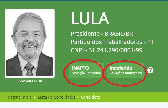 Ficha-suja: candidatura de Lula já aparece como ‘indeferida’ no site do TSE