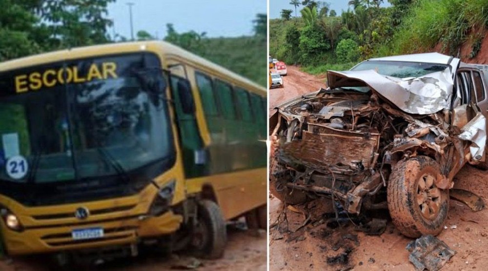 Grave colisão envolvendo ônibus escolar e caminhonete deixa quatro vítimas
