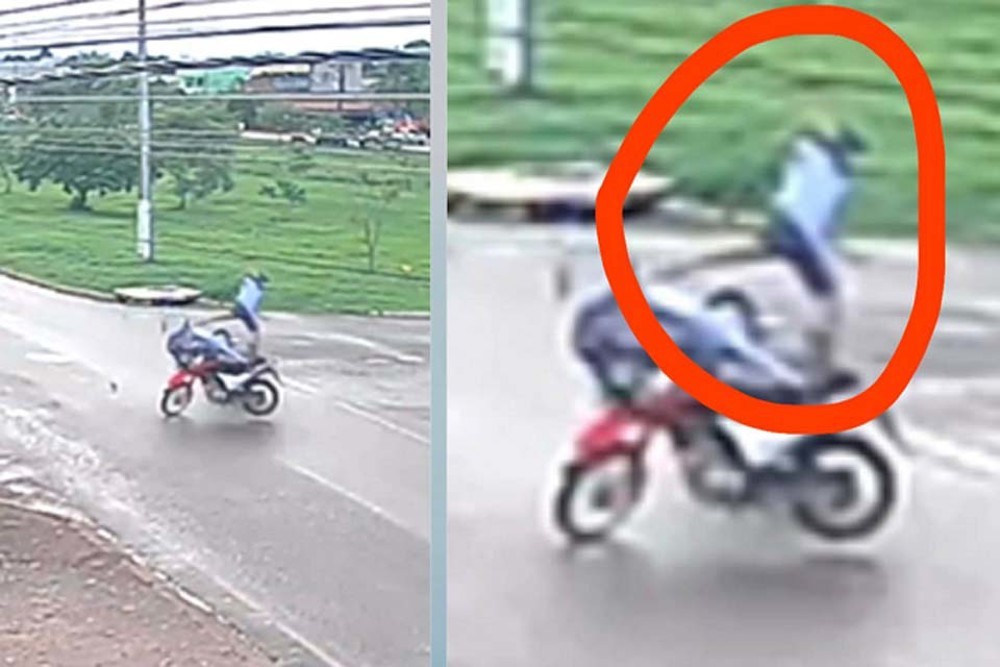 Motociclista colidindo violentamente contra outra moto após fugir da PM